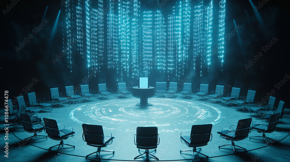 Poster floating rows of chairs in a circular formation around a speaker on a glowing stage, with data strea