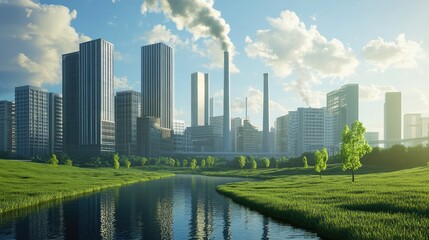 Fototapeta premium A vibrant cityscape with tall buildings and smokestacks, reflecting in a peaceful river surrounded by lush greenery.