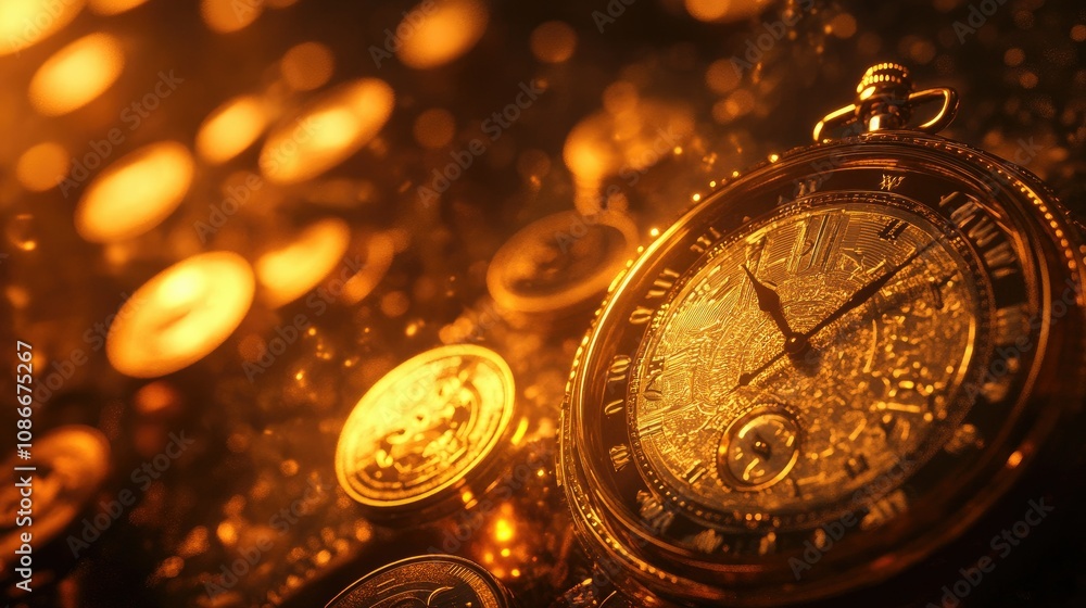 Poster vintage gold pocket watch resting on a reflective surface surrounded by shimmering coins, illuminate