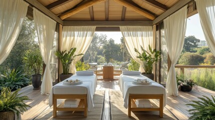 Obraz premium Tranquil Outdoor Spa Retreat with Luxurious Massage Beds Surrounded by Lush Greenery in a Relaxing Natural Environment