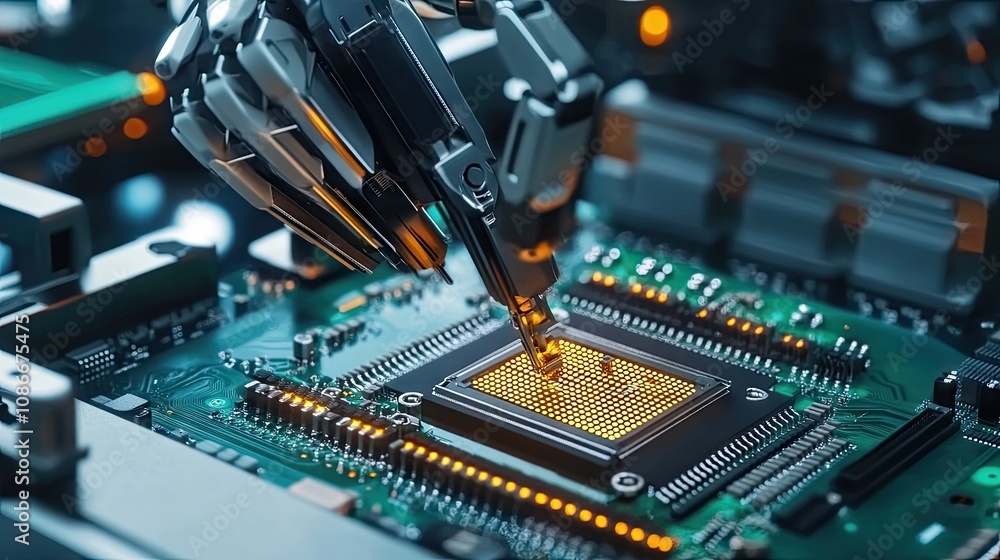 Poster a close-up of a robotic hand delicately placing components on a microchip, showcasing advanced techn