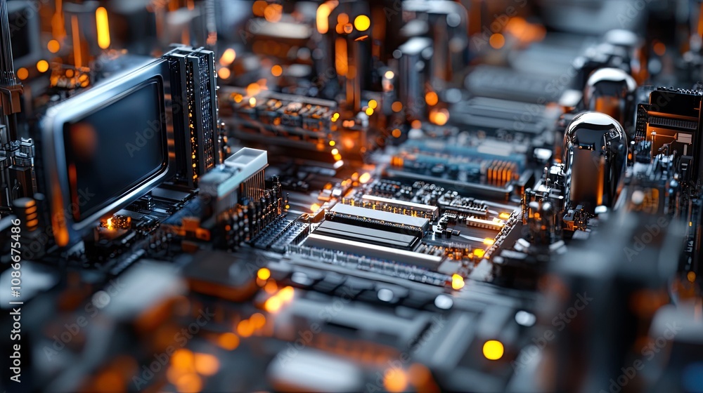 Poster close-up of a futuristic circuit board with glowing elements and intricate details.