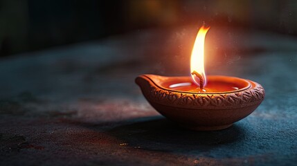 A beautifully crafted clay lamp with a vibrant flame, casting warm light in a serene setting.