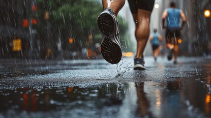 A close-up of a male runner's feet splashing through puddles in the rain, evoking a sense of determination and energy.
