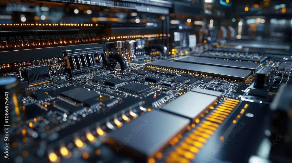 Poster close-up of intricate computer circuit board components with glowing lights, showcasing advanced tec