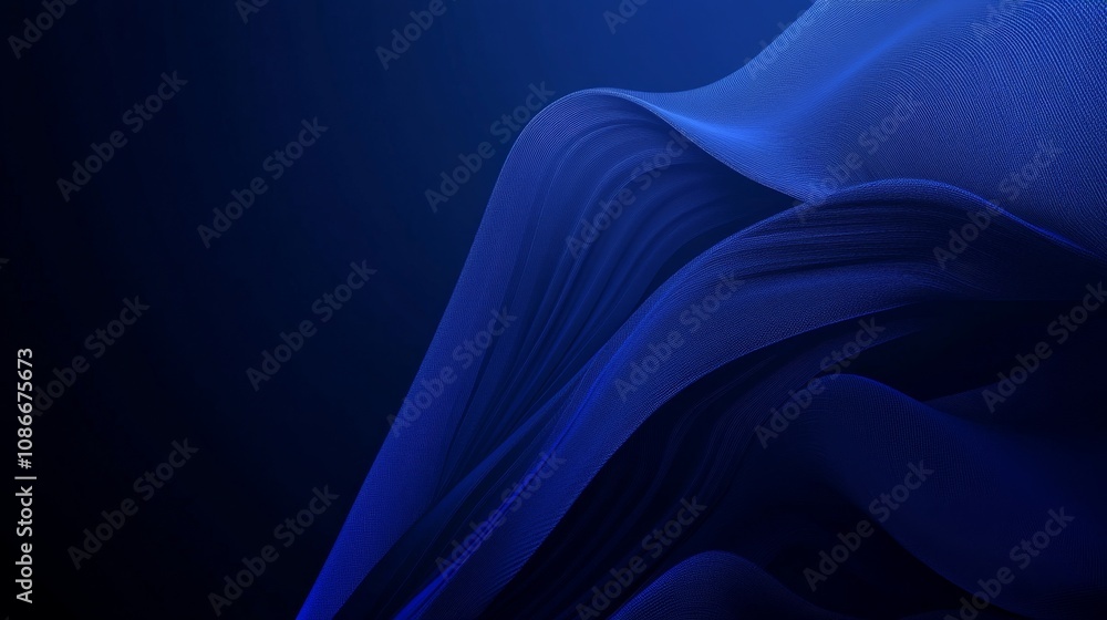 Poster abstract blue fabric wave flowing smoothly in a dark background, creating an elegant and calming atm