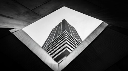 A Stunning View of a Modern Skyscraper Framed by Geometric Concrete Shapes in Black and White Photography Capturing Urban Architecture and Design Elements