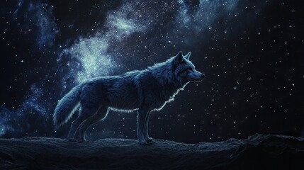 Fototapeta premium A majestic gray wolf stands against a cosmic backdrop, illuminated by stars in the night sky.
