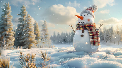 Snowman with a plaid scarf and carrot nose in a snowy field joyful holiday scene copy space