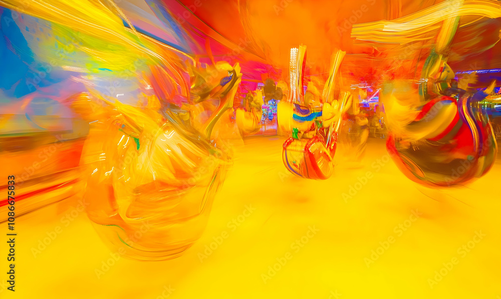Poster a vibrant, abstract composition featuring colorful glass objects in a dynamic setting.