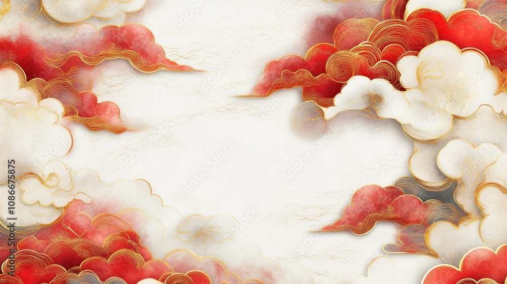 Poster abstract colorful cloud background with red and gold swirls, soft textures and ethereal atmosphere f