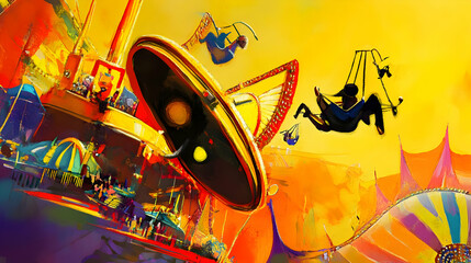 A vibrant amusement park scene with rides and colorful attractions under a yellow sky.