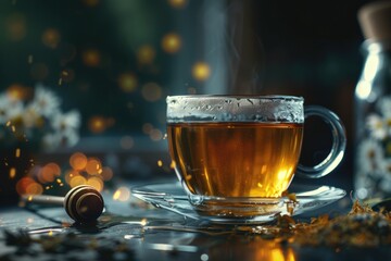 Cup with herbal tea and honey and dry herbal tea  Cup with herbal tea and honey and dry herbal tea