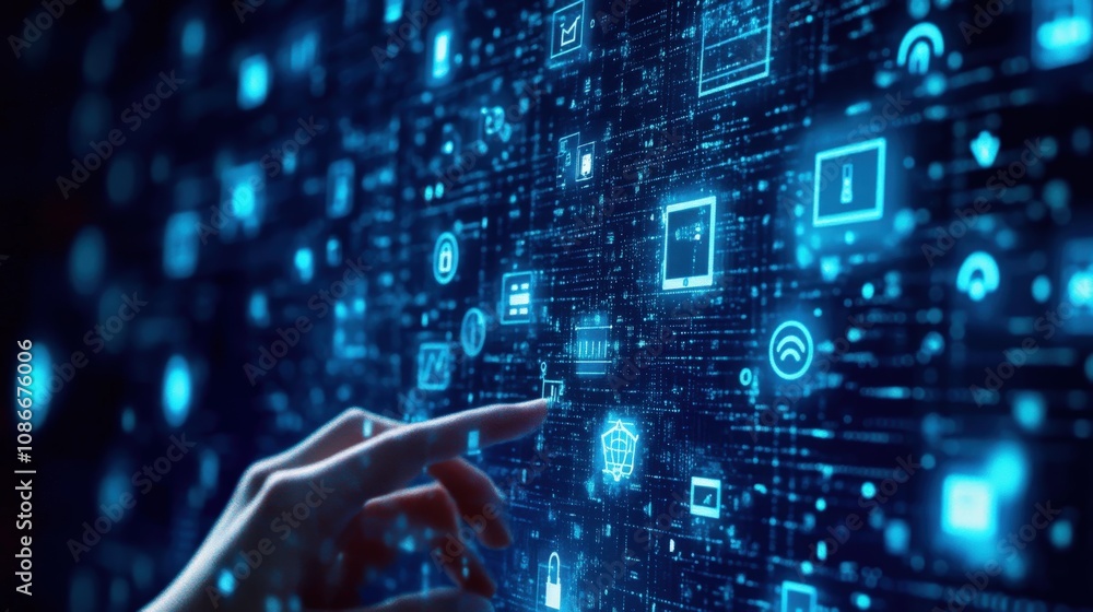 Poster hand interacting with a digital interface showing blue icons and data