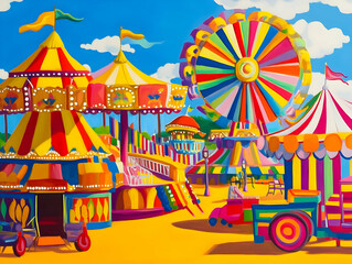 A vibrant carnival scene featuring colorful tents, a Ferris wheel, and playful attractions.