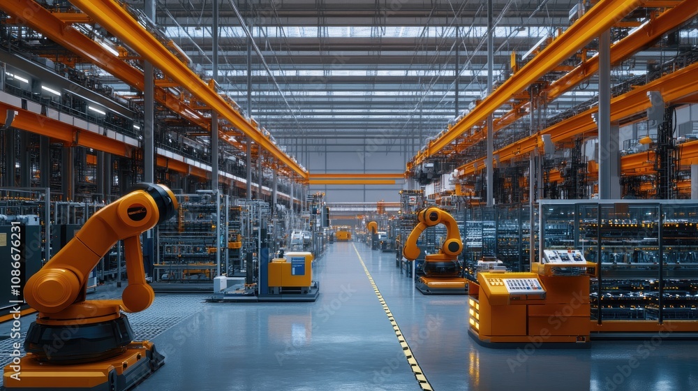 Poster a high-tech industrial setting features advanced robotic arms operating in a vibrant orange and gray