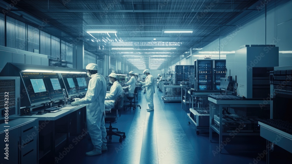 Aufkleber a group of scientists in white lab coats diligently working in a high-tech laboratory.