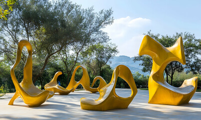 A series of abstract yellow sculptures in a natural outdoor setting, inviting interaction.