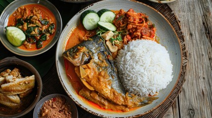 A flavorful dish of fish in yellow broth served alongside steamed rice on a single plate, complemented by an assortment of fresh vegetables, offering a delightful and balanced culinary experience.