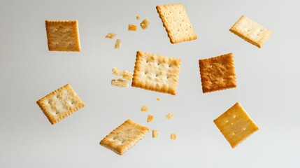 Floating Crackers in Mid-Air Against a Neutral Background Capturing the Essence of Snack Time with a Playful Arrangement of Various Shapes and Textures