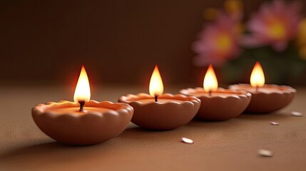 Four glowing clay lamps with flickering flames, enhancing a serene atmosphere, surrounded by soft floral decorations.