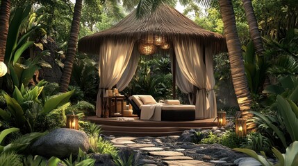 Obraz premium Serene Outdoor Spa Retreat Surrounded by Lush Greenery and Tropical Plants in a Peaceful Nature Setting with Canopy and Lanterns