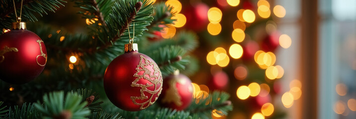 A closeup of a decorative red Christmas tree ball illuminated with yellow lights