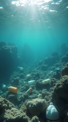 Polluted world ocean. Garbage and waste in the water. Ecological disaster concept.