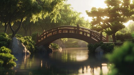 Serene Landscape Featuring a Wooden Bridge Over a Tranquil Stream Surrounded by Lush Greenery and Glowing Sunlight in a Peaceful Natural Environment