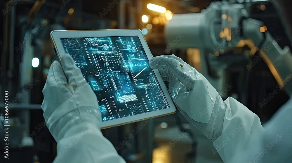 Poster a scientist in a lab coat examines a digital interface on a tablet, showcasing advanced technology i