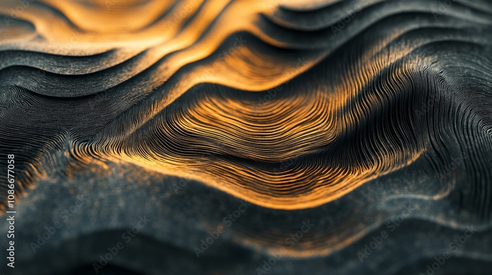 Poster abstract close-up of a textured surface with intricate waves and grooves illuminated by warm golden 