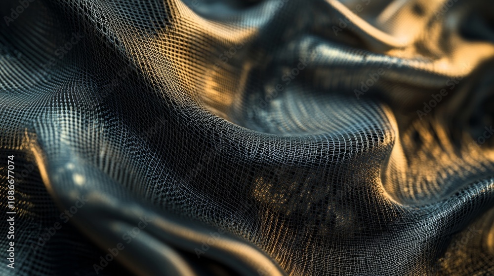 Poster intricate textured fabric with wavy patterns and golden light reflection showcasing depth, movement,