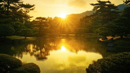 Obraz premium Serene Sunrise Over Tranquil Lake Surrounded by Lush Greenery and Majestic Trees in a Beautiful Japanese Garden at Dawn