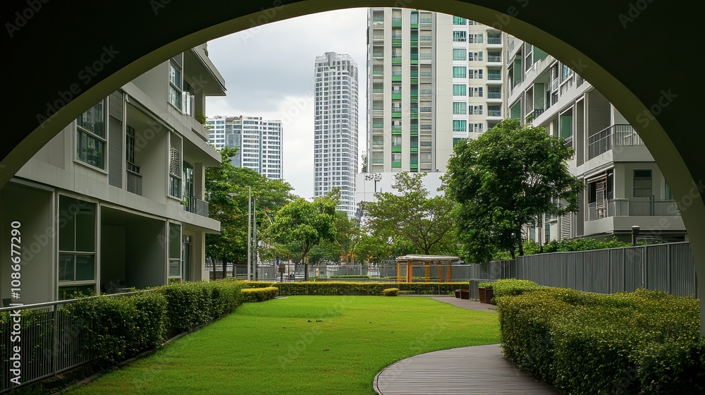 Poster serene urban landscape with green spaces and modern architecture framed by an archway in an intrigui