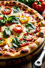 Delicious pizza with fresh basil and colorful bell peppers. Ideal for food blogs, restaurant menus, and social media content.