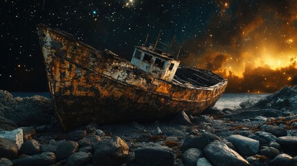 An aged, rusting shipwreck rests on rocky terrain under a starry night sky, casting an eerie yet captivating atmosphere.