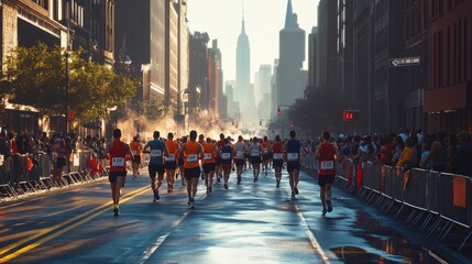 A diverse group of runners races through a city street, with silhouette skyscrapers and a hazy morning backdrop.