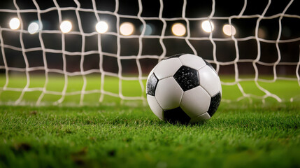 Close-up of classic black and white soccer ball on lush green pitch in front of goal net, with soft stadium lights creating dramatic evening ambiance.