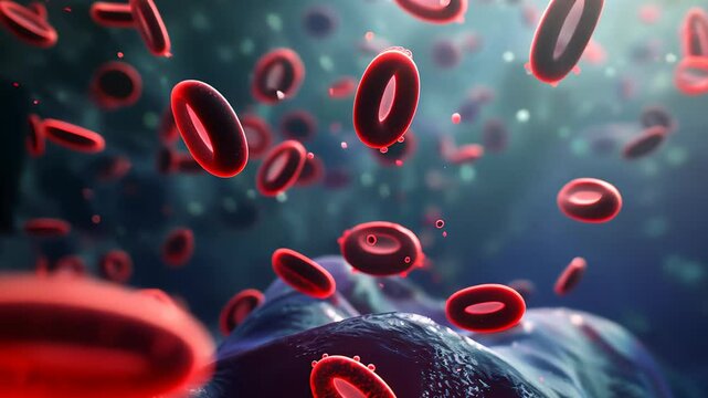 red blood cells in a blue background. Concept of chaos and disorder, as the red blood cells are scattered and disorganized. The blue background adds a sense of calmness