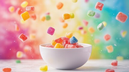 Colorful Candy Falling into a White Bowl Against a Vibrant Rainbow Background, Capturing the Joy and Sweetness of a Sugary Treat Experience