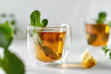 Hot tea with mint and lemon in double walled glass.