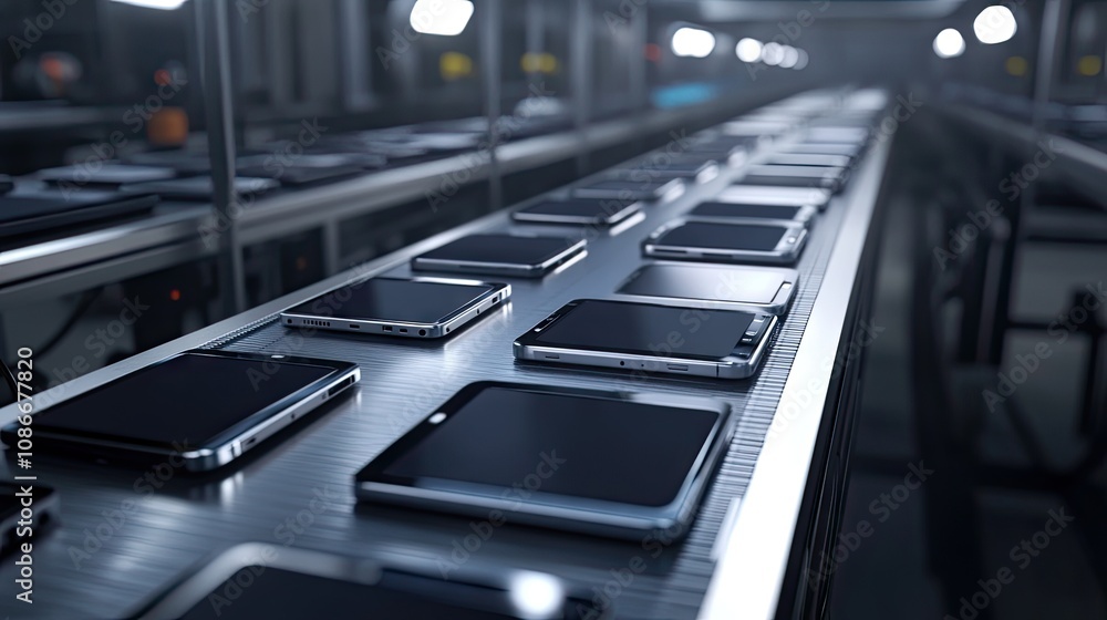 Poster a close-up view of smartphones on a modern assembly line at a tech factory.