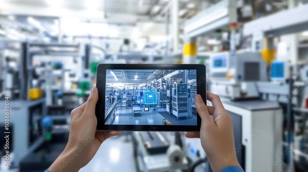 Poster a person holds a tablet displaying a digital interface in a high-tech manufacturing facility.