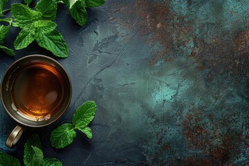 Top view mint tea background with space for text.