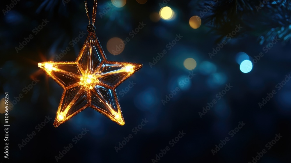 Aufkleber glowing star ornament hanging from christmas tree branch with soft bokeh background creating a magic