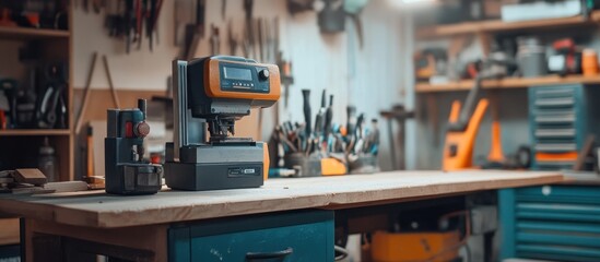 Professional-grade router, metallic finish, placed on a tidy workbench 