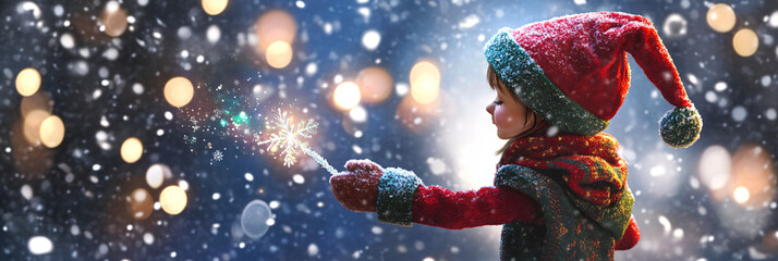 Frosty Christmas Elf Holding a Shimmering Icicle Wand, Summoning a Snowstorm in a Magical Winter Wonderland 