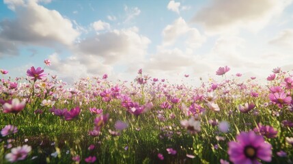 A vibrant field of pink and purple flowers under a bright blue sky with fluffy clouds.