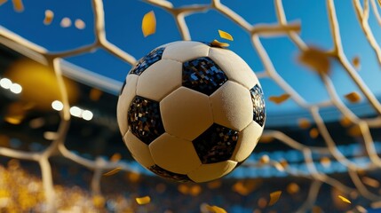 Dynamic close-up of soccer ball hitting the net during an exhilarating match, surrounded by cheering fans and falling confetti, captures the thrill of the game.