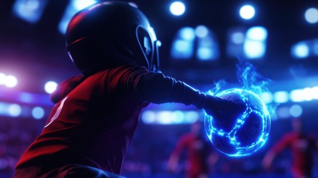 Dynamic stock image of youth soccer player in vibrant red jersey, performing powerful throw-in with glowing blue ball surrounded by flames, set in lively stadium.